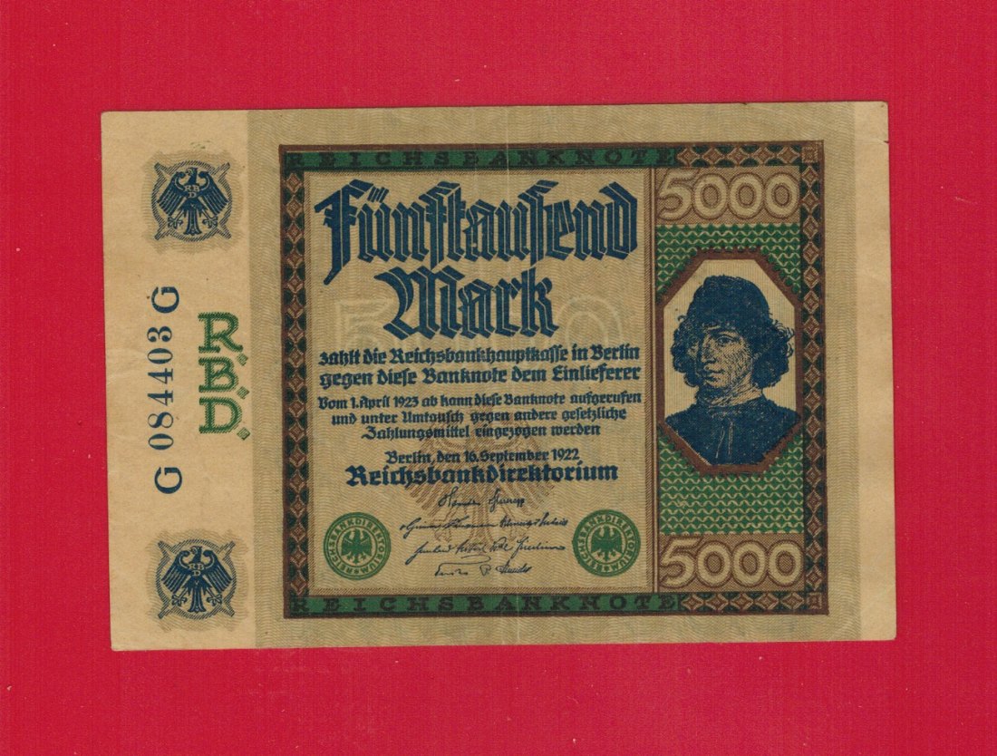  Weimarer Republik, Reichsbanknoten – 5000 Mark 1922 DEU-87 - leicht gebraucht   