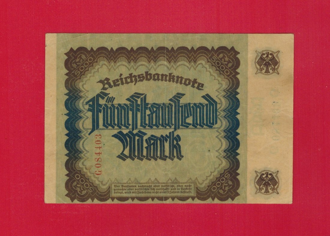  Weimarer Republik, Reichsbanknoten – 5000 Mark 1922 DEU-87 - leicht gebraucht   