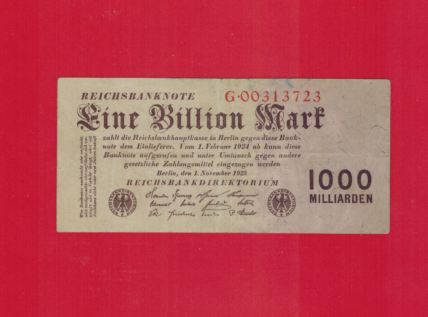  Weimarer Republik, Reichsbanknoten – 1 Bill. Mark 1923 DEU-155 - gebraucht   