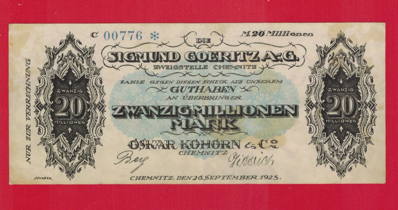  Notgeld Chemnitz 20 Mark 1923 - Fa. Oskar Kohorn - gebraucht   