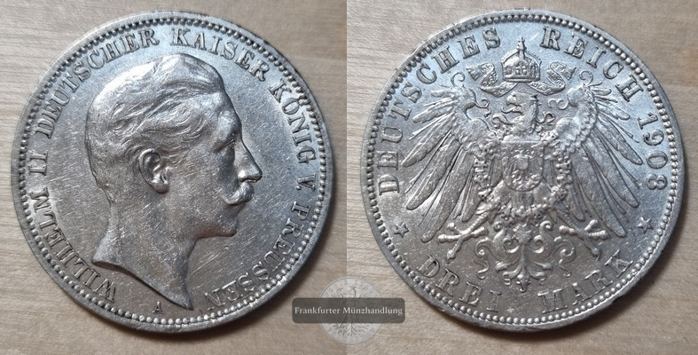  Deutsches Kaiserreich. Preussen, Wilhelm II. 1888-1918.  3 Mark 1908 A  FM-Frankfurt Feinsilber: 15g   