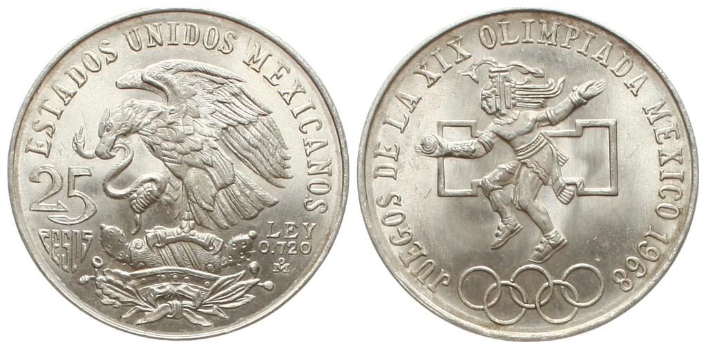  Mexiko: 25 Pesos 1968, auf die XIX. Olympiade, 22,5 gr. 720er Silber, TOP-ERHALTUNG, stgl!   
