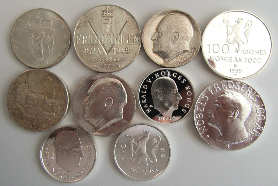  Norwegen: Lot von 10 silbernen Gedenkmünzen, nur beste Qualitäten!! 246,48 gr. bzw. 217,13 gr. FEIN!   