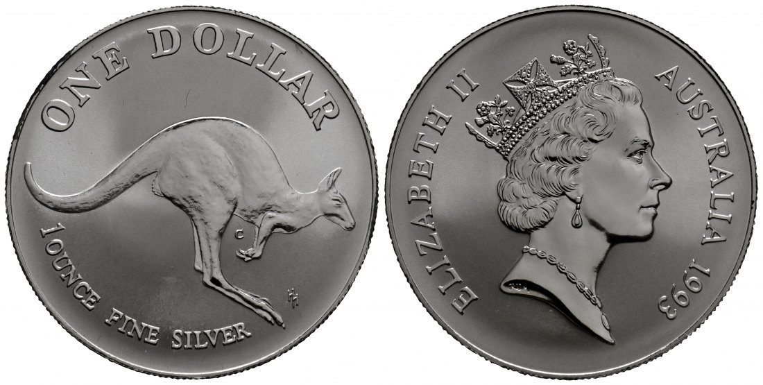 PEUS 1765 Australien 31,1 g Feinsilber. Känguru Dollar SILBER Unze 1993 C Uncirculated (in Kapsel)
