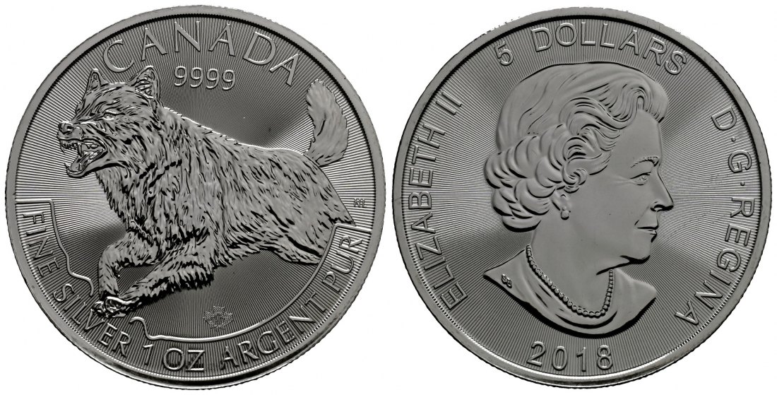 PEUS 1769 Kanada 31,1 g Feinsilber. Predator - Wolf 5 Dollars SILBER Unze 2018 Uncirculated (Kapsel)