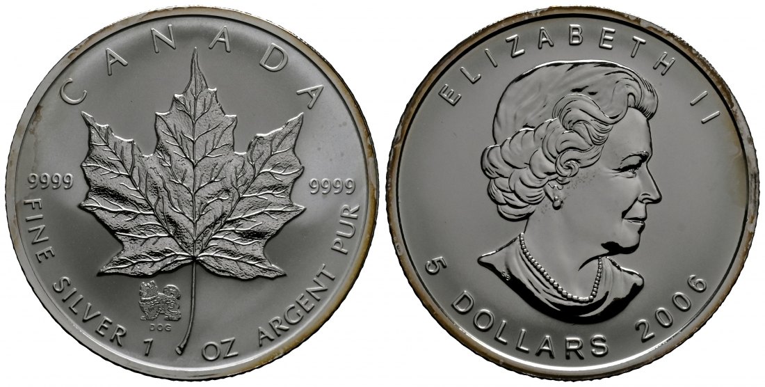 PEUS 1779 Kanada 31,1 g Feinsilber. Maple Leaf mit Privy Mark Jahr des Hundes 5 Dollars SILBER Unze 2006 Uncirculated