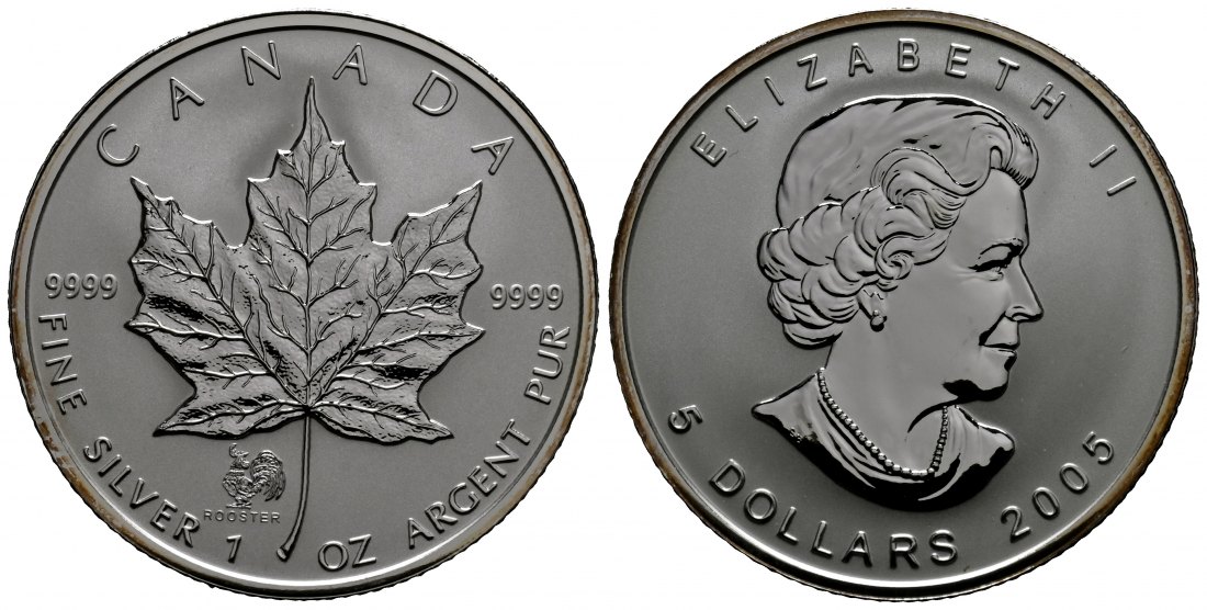 PEUS 1780 Kanada 31,1 g Feinsilber. Maple Leaf mit Privy Mark Jahr des Hahns 5 Dollars SILBER Unze 2005 Uncirculated (Kapsel)