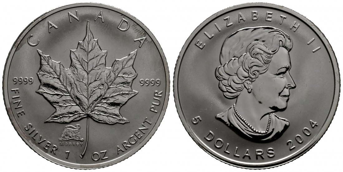 PEUS 1781 Kanada 31,1 g Feinsilber. Maple Leaf mit Privy Mark Jahr des Affen 5 Dollars SILBER Unze 2004 Uncirculated