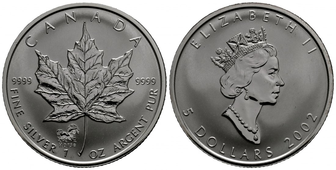 PEUS 1783 Kanada 31,1 g Feinsilber. Maple Leaf mit Privy Mark Jahr des Pferdes 5 Dollars SILBER Unze 2002 Uncirculated