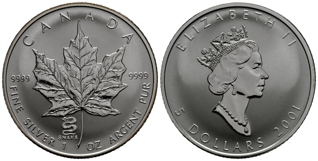 PEUS 1784 Kanada 31,1 g Feinsilber. Maple Leaf mit Privy Mark Jahr der Schlange 5 Dollars SILBER Unze 2001 Uncirculated