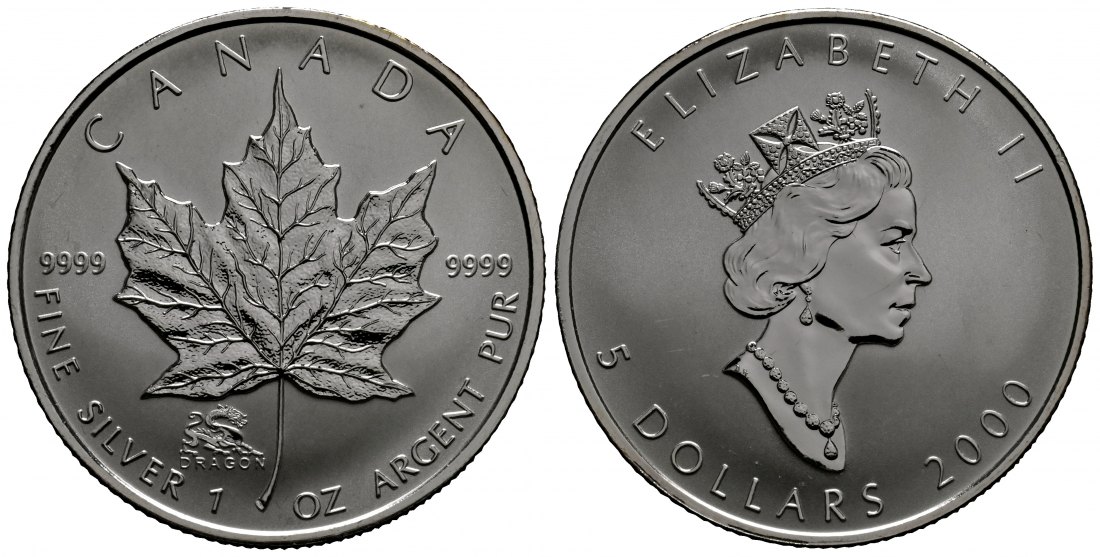 PEUS 1785 Kanada 31,1 g Feinsilber. Maple Leaf mit Privy Mark Jahr des Drachen 5 Dollars SILBER Unze 2000 Uncirculated