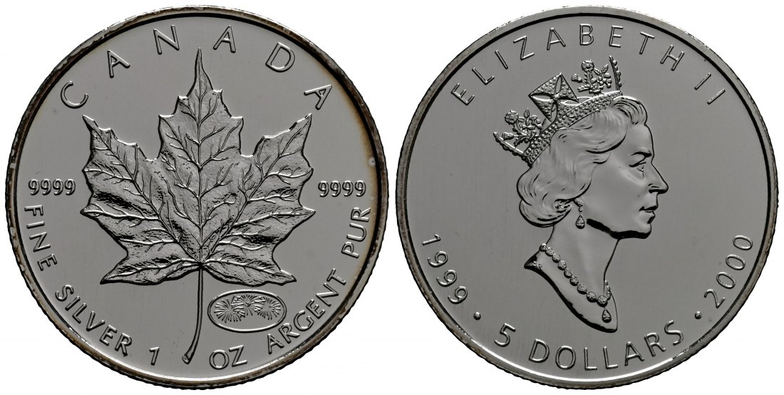 PEUS 1786 Kanada 31,1 g Feinsilber. Maple Leaf mit Privy Mark Millenium Feuerwerk 5 Dollars SILBER Unze 1999/2000 Uncirculated