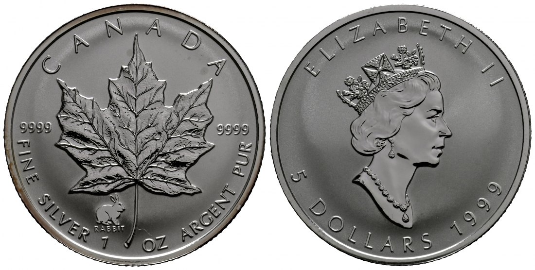 PEUS 1787 Kanada 31,1 g Feinsilber. Maple Leaf mit Privy Mark Jahr des Hasen 5 Dollars SILBER Unze 1999 Uncirculated