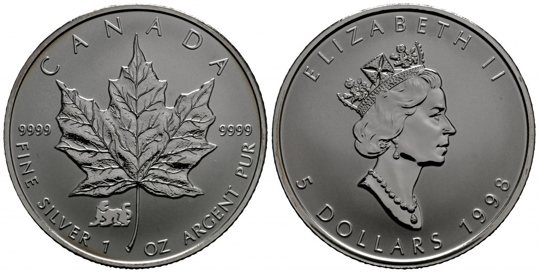 PEUS 1788 Kanada 31,1 g Feinsilber. Maple Leaf mit Privy Mark Jahr des Tigers 5 Dollars SILBER Unze 1998 Uncirculated