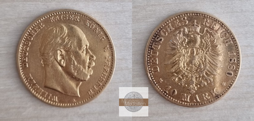 Deutsches Kaiserreich, Preussen. MM-Frankfurt Feingewicht: 3,58g Gold Wilhelm I. 1861-1888. 10 Mark 1880 A 