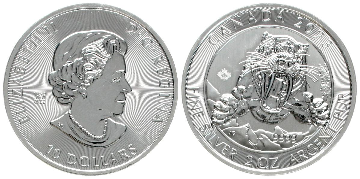 Canada: Elisabeth II., 10 $ 2023, Tiger, 2 Unzen Feinsilber (62,2 Gramm) in Kapsel!   