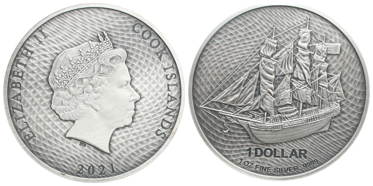  Cook Islands: Elisabeth II., 1 $ 2021, auf die Bounty, 1 Unze Feinsilber, patiniert.   