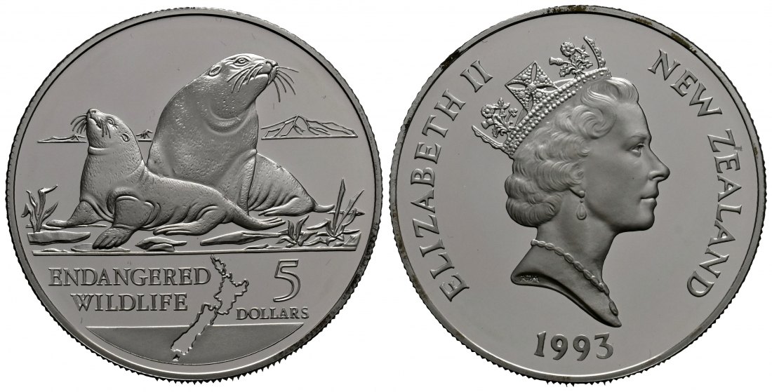 PEUS 1792 Neuseeland 29,1 g Feinsilber. Neuseeländischer Seelöwe 5 Dollars SILBER 1993 Proof (Kapsel)