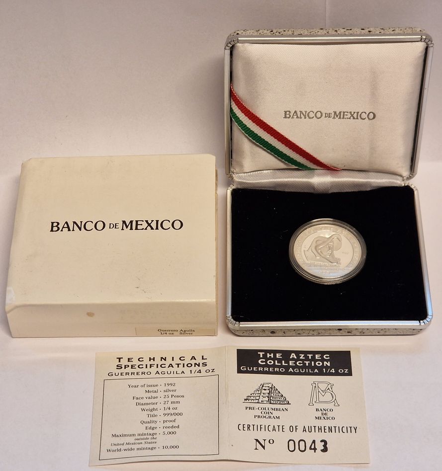  Mexico 25Pesos Azteken Kollektion Guerrero Aguila 1/4Oz Silber 1992 Goldankauf Koblenz Maurer AC 149   