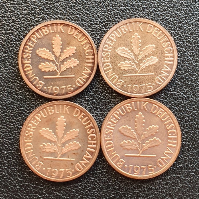 BRD Satz 1 Pfennig Stücke 1975 DFGJ 4 Münzen in Polierter Platte 12   