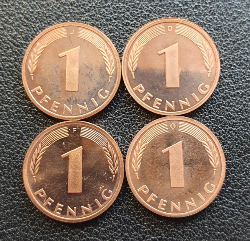  BRD Satz 1 Pfennig Stücke 1977 DFGJ 4 Münzen in Polierter Platte 16   