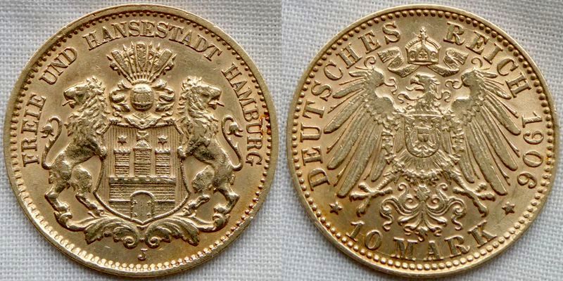  Kaiserreich Goldmünze !! Hamburg 10 Mark 1906 VZ-ST !!!   