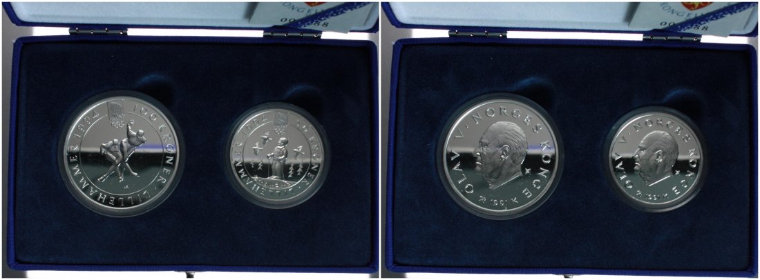  Norwegen: Silbermünzenpaar Nummer 2 zur Olympiade in Lillehammer, näheres unten!   