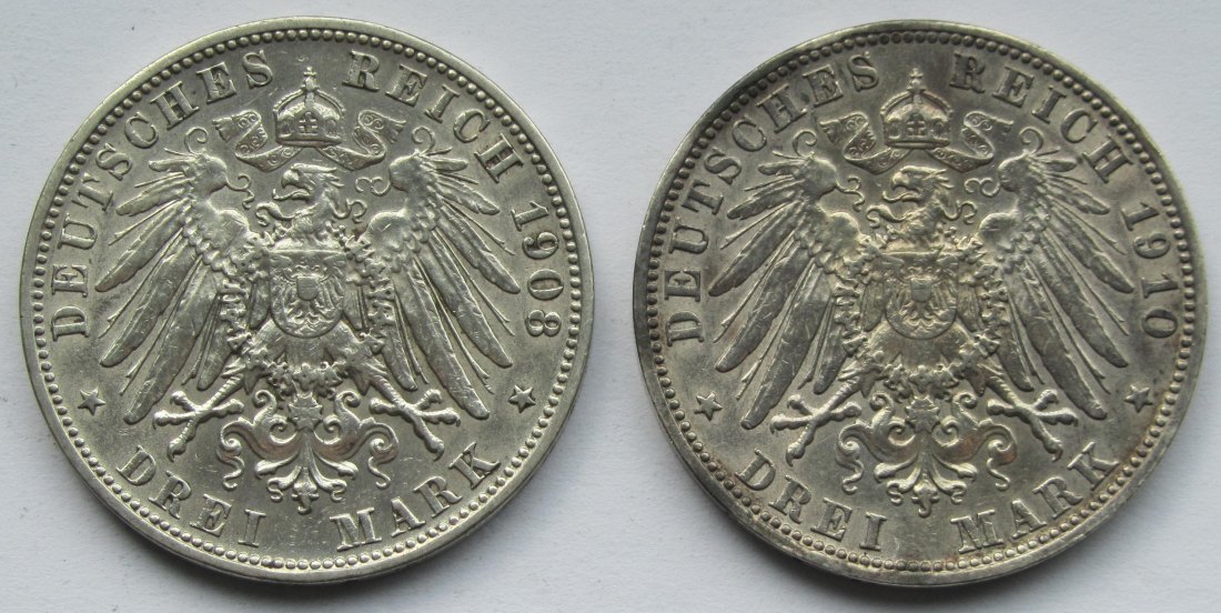  Kaiserreich: Bayern, 3 Mark Otto (Jaeger 47), 1908 + 1910   