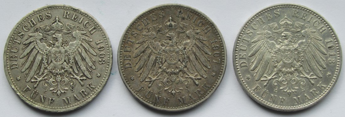  Kaiserreich: Bayern, 5 Mark Otto (Jaeger 46), 3 Stück (1903 + 1907 + 1913)   