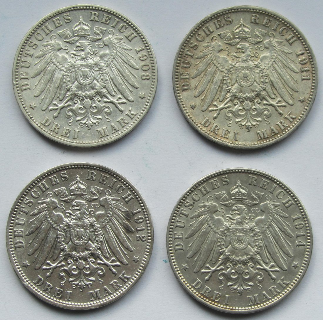  Kaiserreich: Hamburg, 3 Mark (Jaeger 64), 4 Stück (1908 + 1911 + 1912 + 1914)   