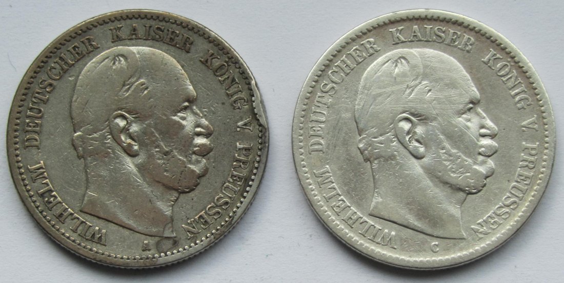  Kaiserreich: Preußen, 2 Mark Wilhelm I. (Jaeger 96), 2 Stück (1876 A + 1876 C)   