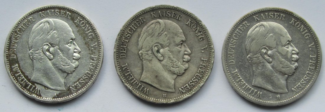  Kaiserreich: Preußen, 5 Mark Wilhelm I. (Jaeger 97), 3 Stück (1874 A + 1875 B + 1876 B)   