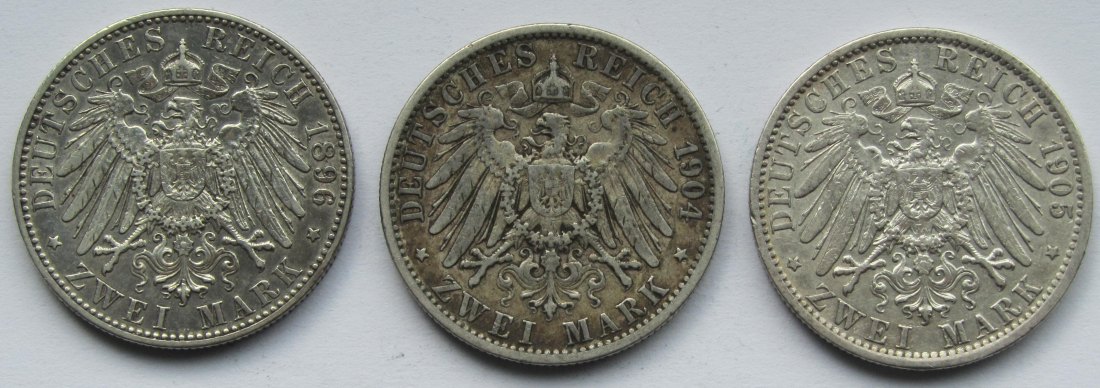  Kaiserreich: Preußen, 2 Mark Wilhelm II. (Jaeger 102), 3 Stück (1896 + 1904 + 1905)   