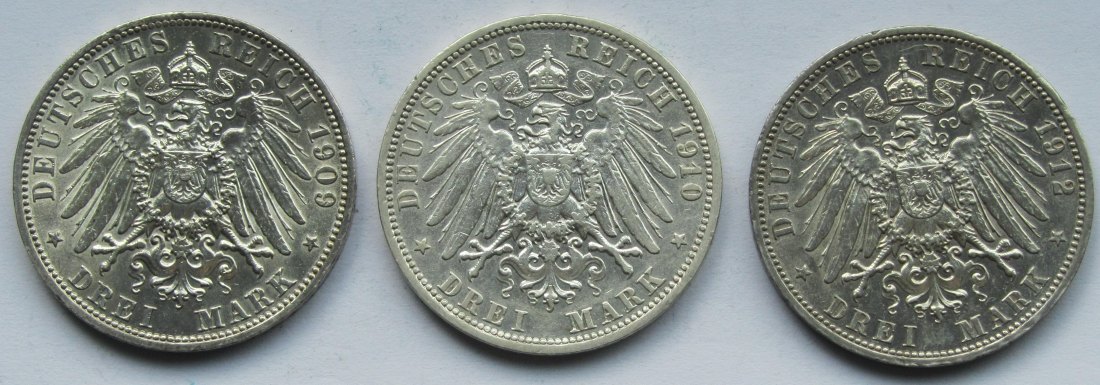  Kaiserreich: Preußen, 3 Mark Wilhelm II. (Jaeger 103), 3 Stück (1909 + 1910 + 1912)   