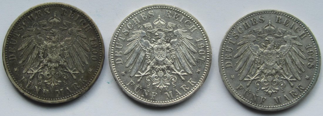  Kaiserreich: Preußen, 5 Mark Wilhelm II. (Jaeger 104), 3 Stück (1900 + 1907 + 1908)   