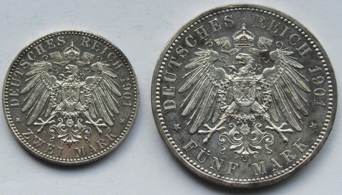  Kaiserreich: Preußen, 2 + 5 Mark 200 Jahre Königreich (Jaeger 105 + 106) 1901   