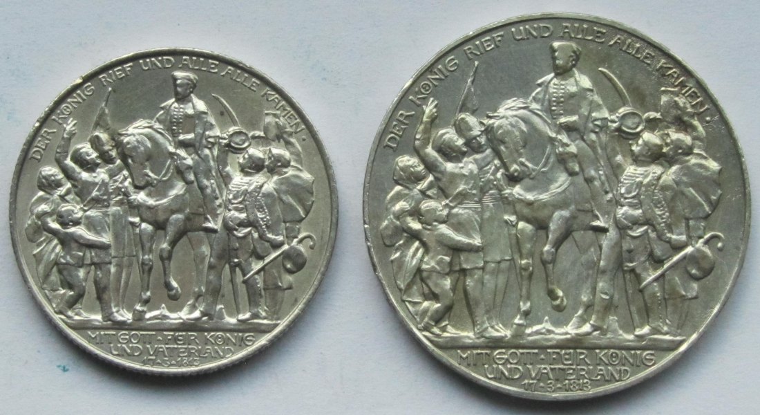  Kaiserreich: Preußen, 2 + 3 Mark Befreiungskriege (Jaeger 109 + 110), 1913   