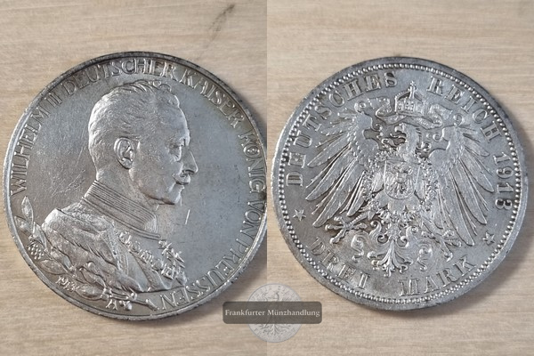  Deutsches Kaiserreich. Preussen, Wilhelm II. 3 Mark 1913 A   FM-Frankfurt Feinsilber:15,5g   