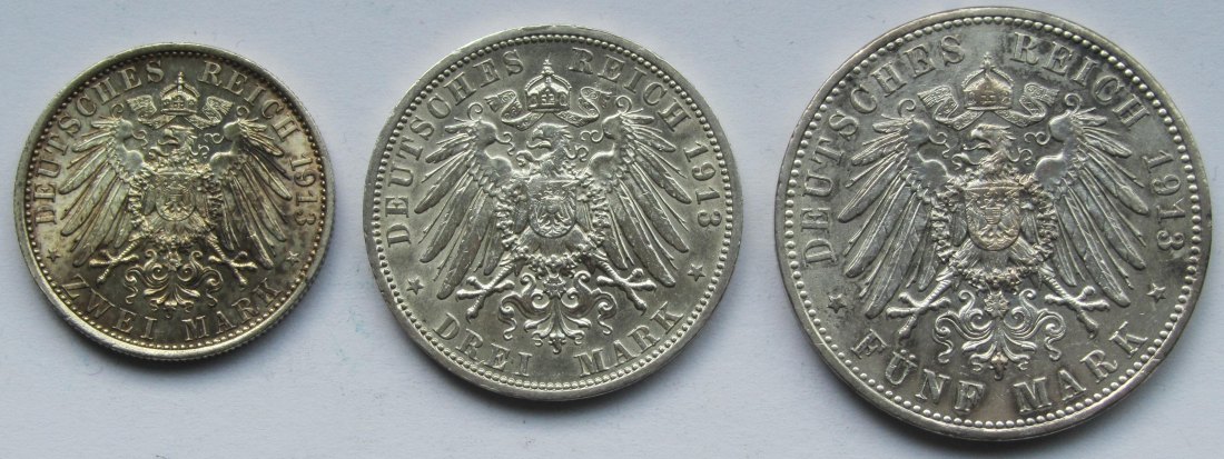  Kaiserreich: Preußen, 2 + 3 + 5 Mark Wilhelm II. in Uniform, 1913   