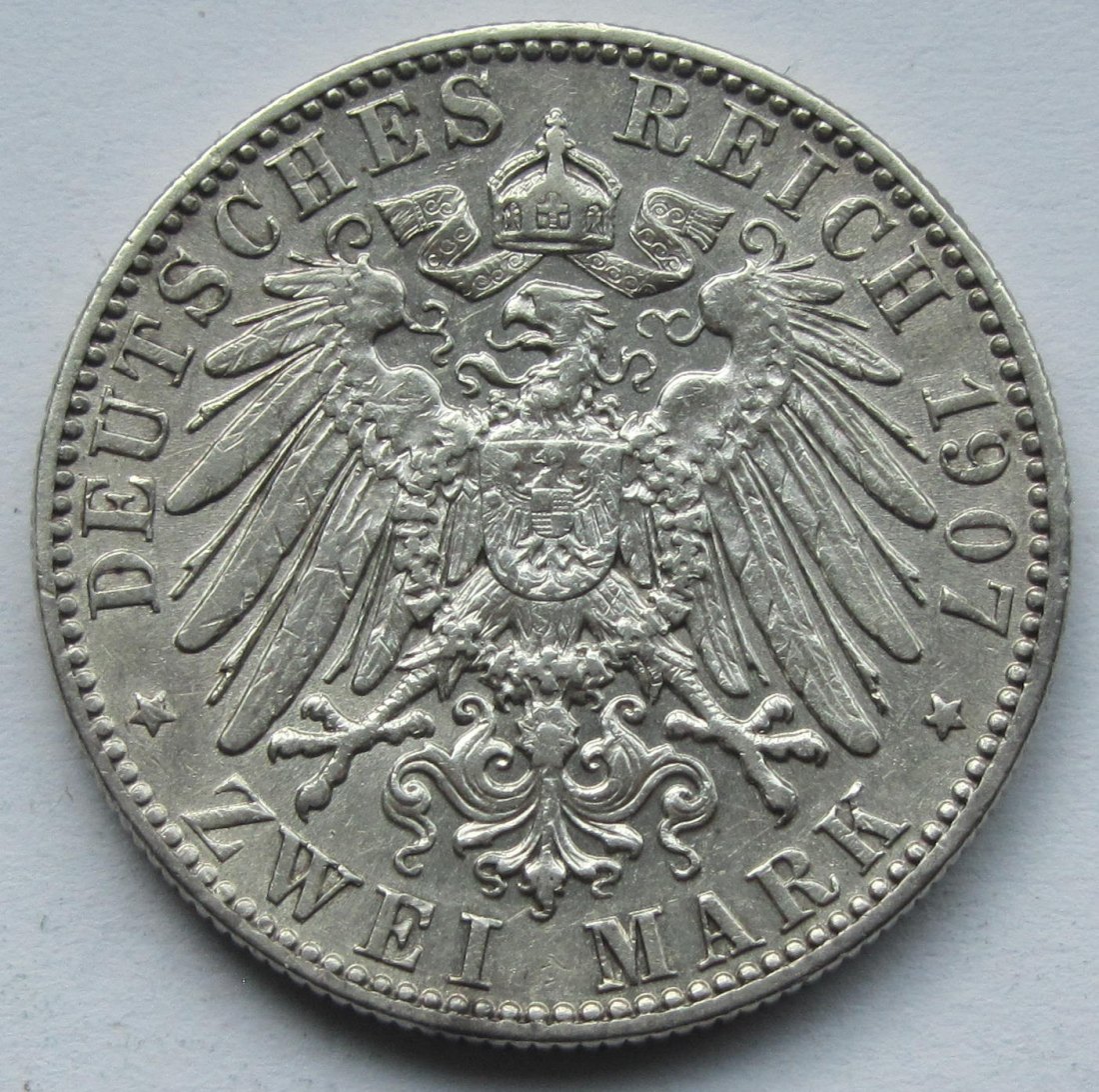  Kaiserreich: Sachsen, 2 Mark Friedrich August III. (Jaeger 134), 1907   