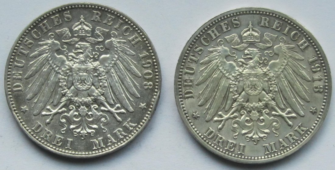  Kaiserreich: Sachsen, 3 Mark Friedrich August III. + Völkerschlachtdenkmal (Jaeger 135 + 140)   