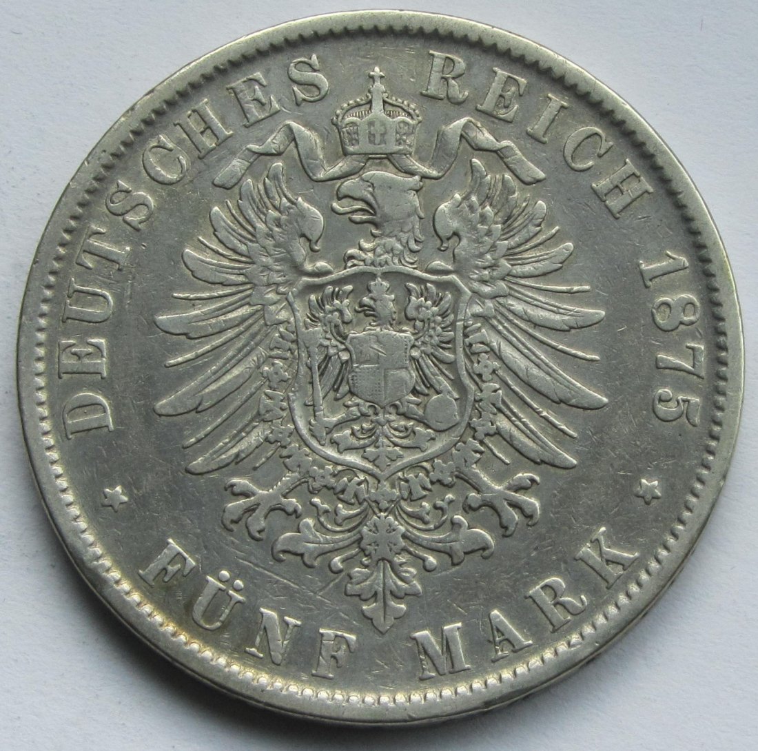  Kaiserreich: Württemberg, 5 Mark Karl (Jaeger 173), 1875   