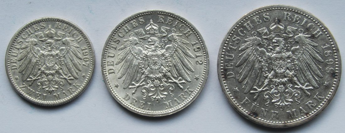  Kaiserreich: Württemberg, 2 + 3 + 5 Mark Wilhelm II.   