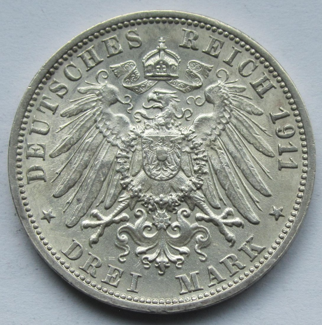  Kaiserreich: Württemberg, 3 Mark Silberne Hochzeit (Jaeger 177), 1911   