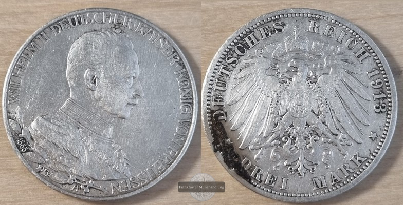  Deutsches Kaiserreich. Preussen, Wilhelm II. 3 Mark 1913 A   FM-Frankfurt Feinsilber:15,5g   
