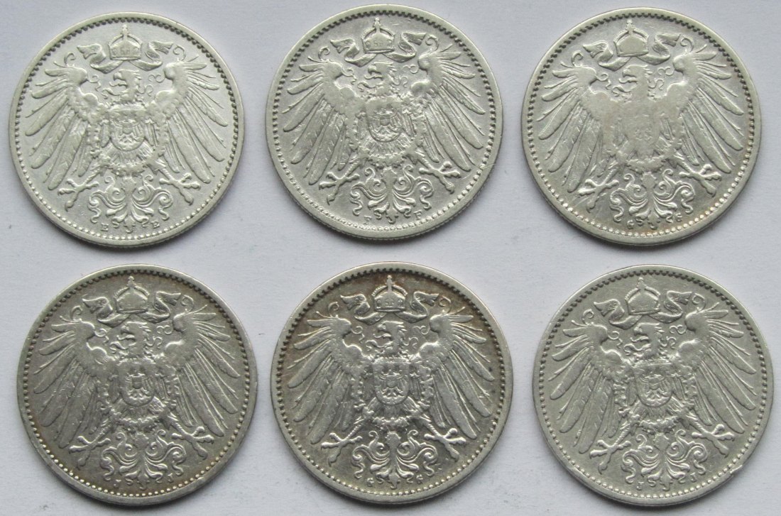  Kaiserreich: 1 Mark 1896 E + 1896 F + 1896 G + 1896 J + 1899 G + 1899 J   