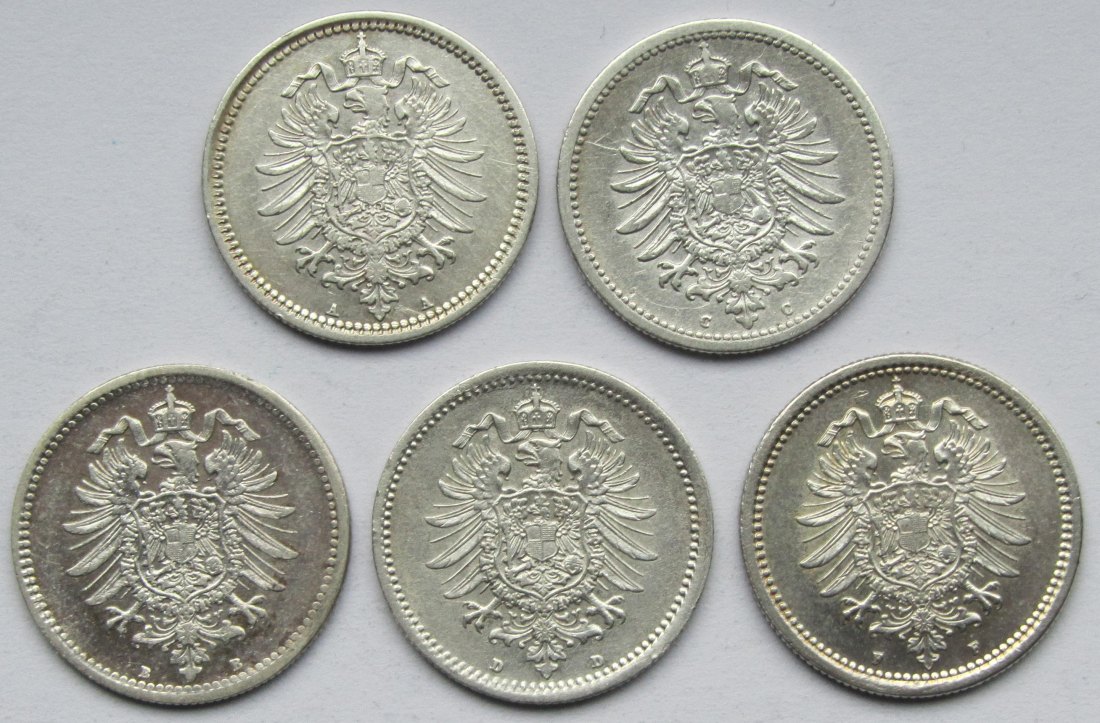  Kaiserreich: Fünf verschiedene 50 Pfennig in Top-Erhaltung   