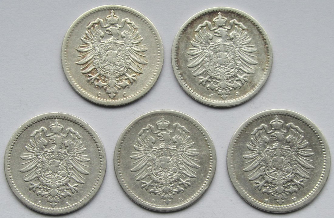  Kaiserreich: Fünf verschiedene 50 Pfennig   