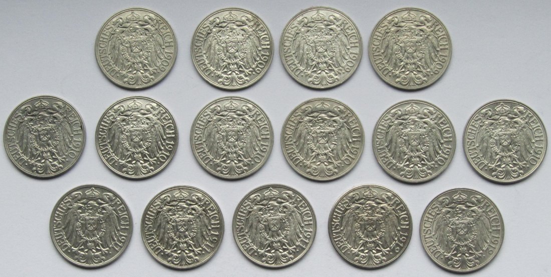  Kaiserreich: 15 verschiedene Jahrgänge 25 Pfennig   