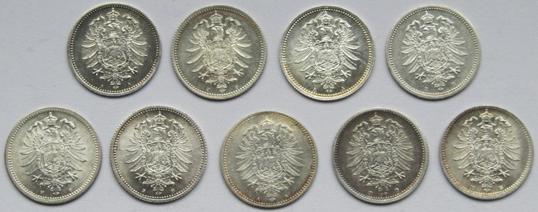  Kaiserreich: Neun verschiedene 20 Pfennig in Top-Erhaltung   